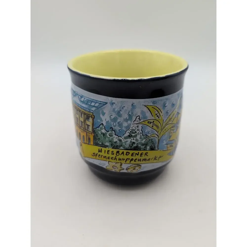 Small German Mug Cup Wiesbadener Sternschnuppenmarkt Christmas Theme Blue Yellow